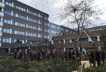 Burgemeester Scholten van de gemeente Venlo opende de belevingstuin van het ziekenhuis in Venlo met een kanonschot vol rozenblaadjes