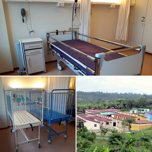 Op deze foto zie je de ziekenhuisbedden die gedoneerd zijn aan een plattelandsziekenhuis in Ghana.
