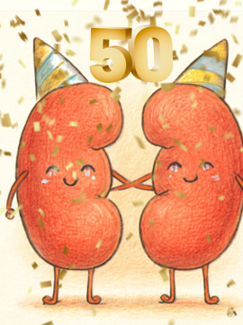 Tekening van 2 nieren met feesthoedjes - Dialyseafdeling 50 jaar