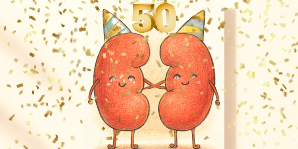 Tekening van 2 nieren met feesthoedjes - Dialyseafdeling 50 jaar