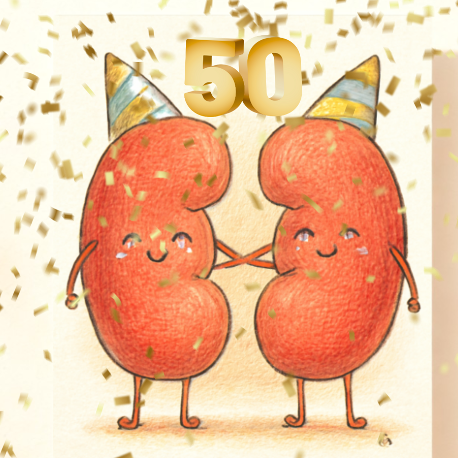 Tekening van 2 nieren met feesthoedjes - Dialyseafdeling 50 jaar