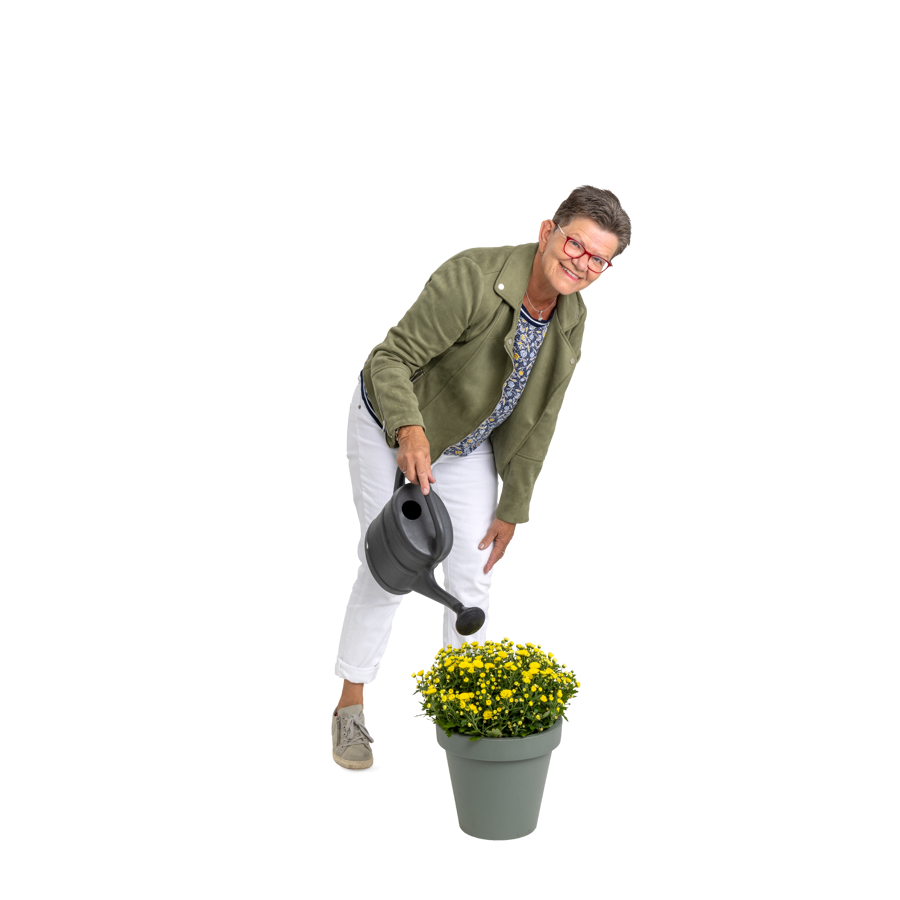 Mevrouw geeft bloemen water