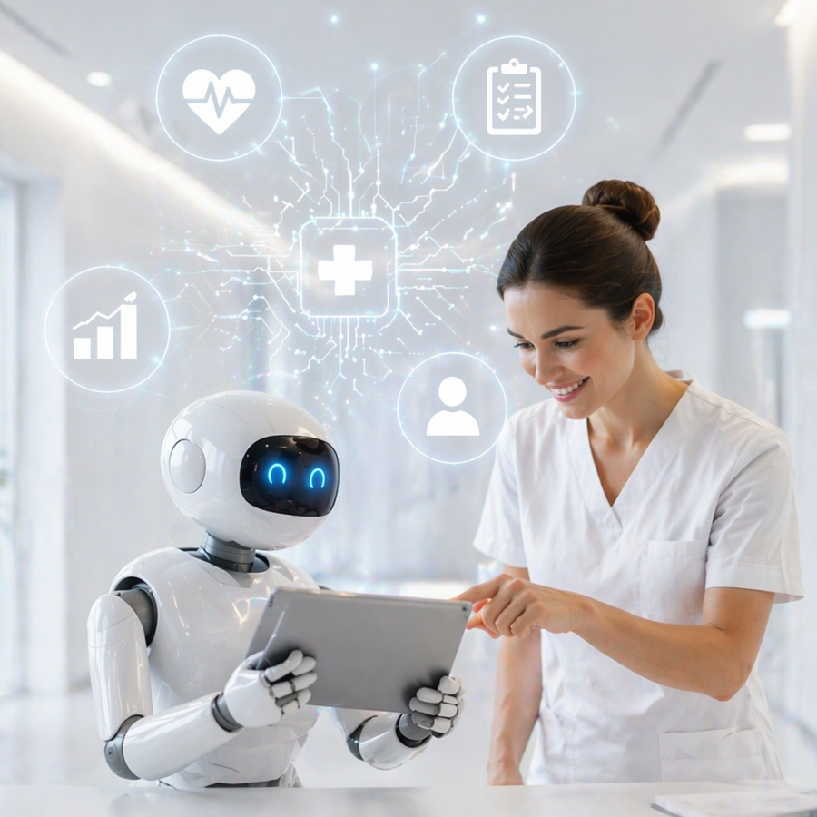 Robot en verpleegkundige kijken samen op een tablet.