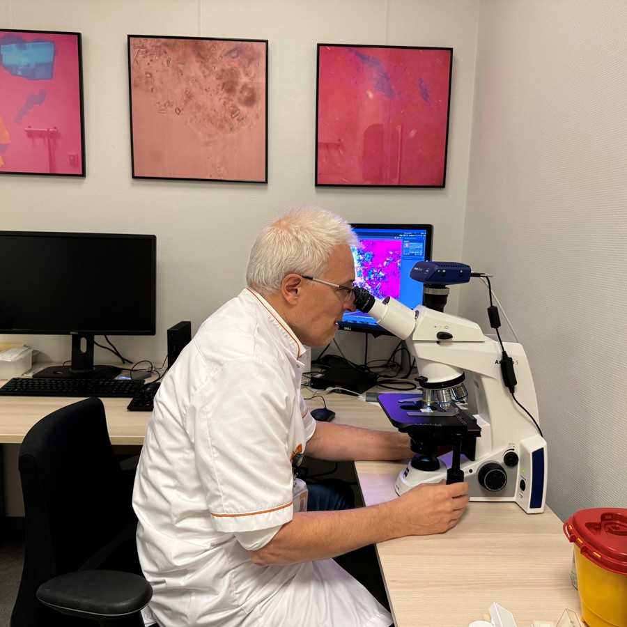 Reumatoloog Tim Jansen kijkt door een microscoop