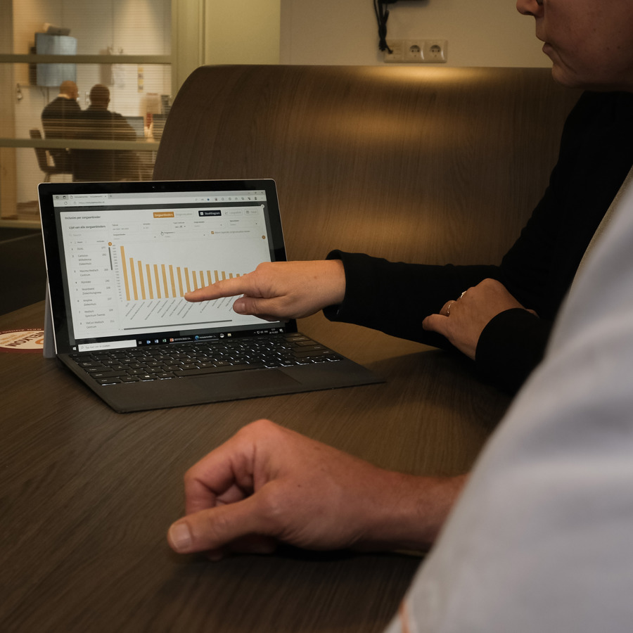 Twee mensen kijken op een laptopscherm naar een staafdiagram met gegevens Twee mensen kijken op een laptopscherm naar een staafdiagram met gegevens