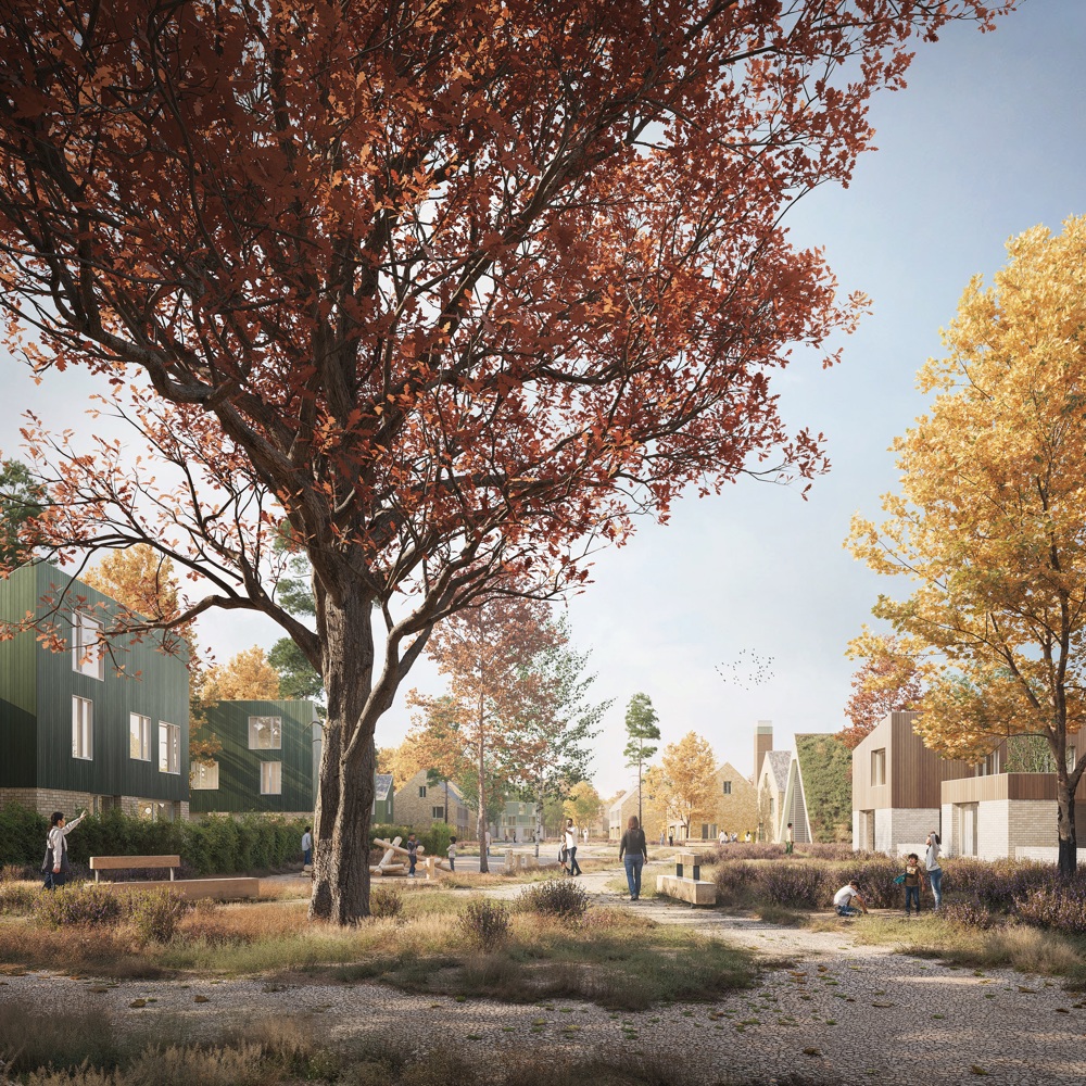 Impressie van de nieuwe woonwijk met behoud van de kapel (aan de rechterzijde, met het kenmerkende schuine dak) en achteraan ook de schoorsteen nog zichtbaar. Impressie van de nieuwe woonwijk met behoud van de kapel (aan de rechterzijde, met het kenmerkende schuine dak) en achteraan ook de schoorsteen nog zichtbaar.