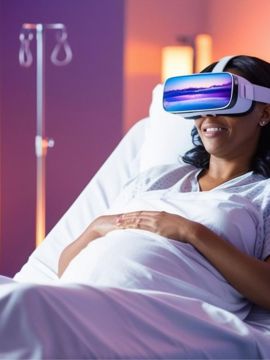 Vrouw in  bed met VR bril tijdens bevalling