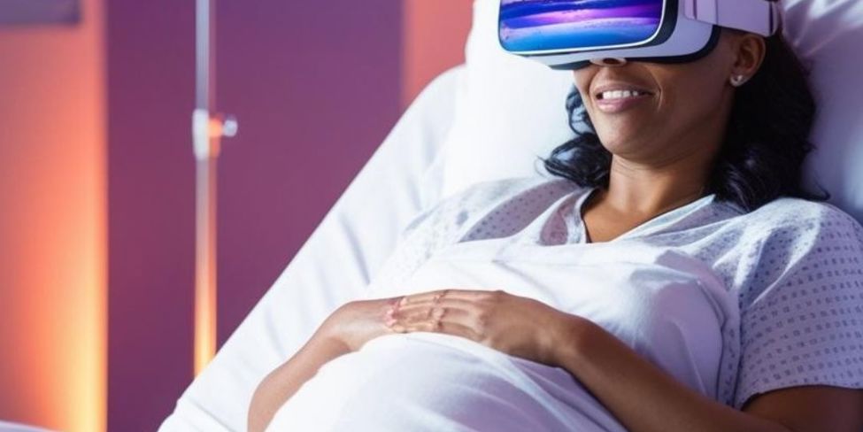 Vrouw in  bed met VR bril tijdens bevalling
