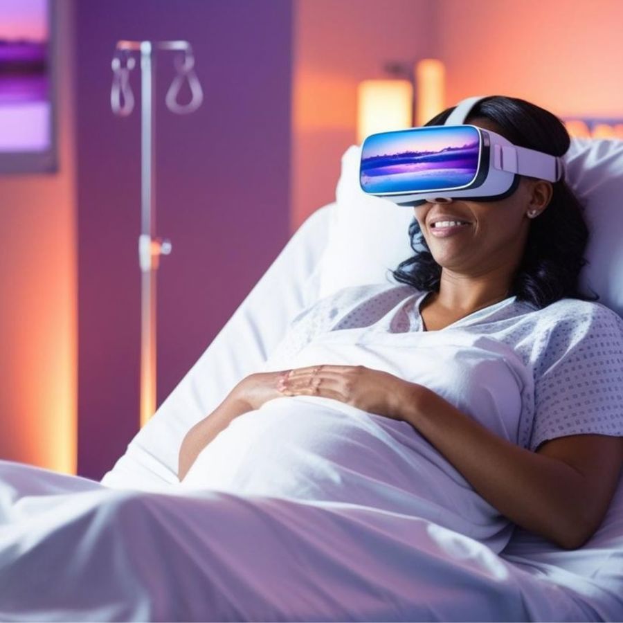 Vrouw in  bed met VR bril tijdens bevalling