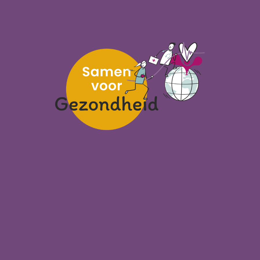 Afbeelding van een gele bol met de tekst Samen voor Gezondheid met een wereldbol met twee mensen en het VieCuri logo